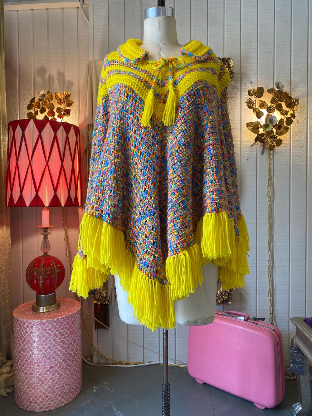 vintage knit poncho with fringe, 70s rainbow yellow shawl, hippie boho, one size